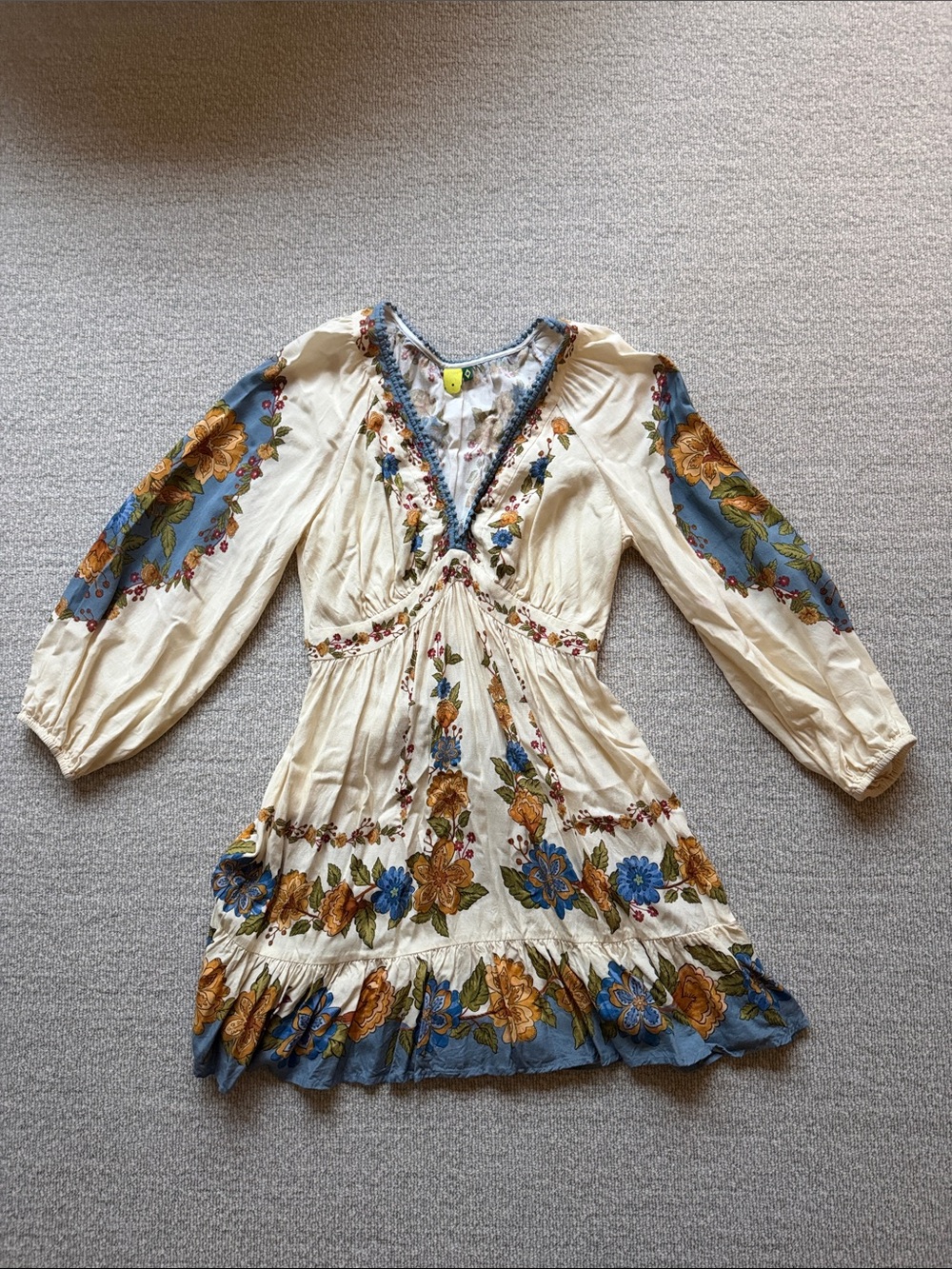 FARM Rio Cream Mini Dress with Blue and Mustard Floral Embroidery